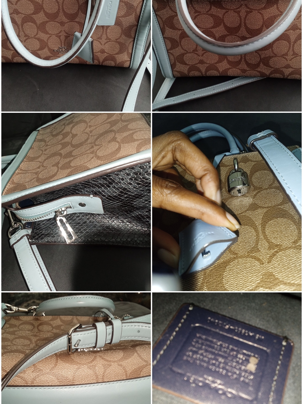 Coach Brown Signature Canvas Zoe with Light Blue/Snakeskin Trim